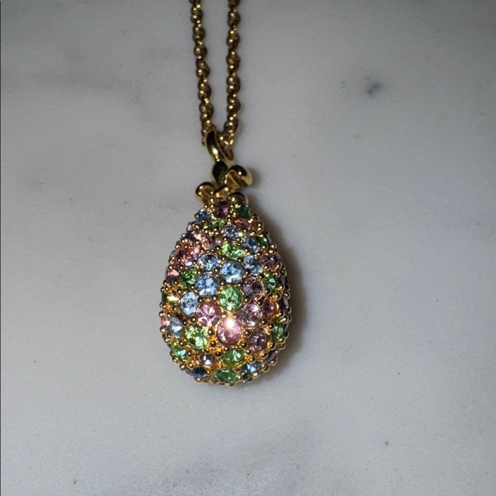 Vintage Joan Rivers Fleur De Lis Pastel Rhinestone Egg Necklace 30 inches